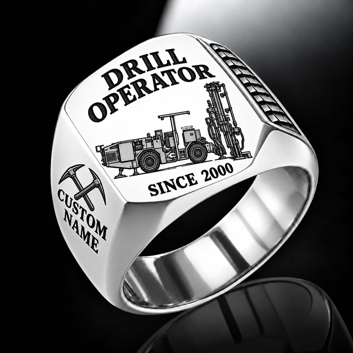 DL311 Longhole Drill Operator Ring in Silver finish, flat machine engraving, CUSTOM NAME and SINCE 2000 sample text.
