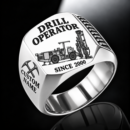 DL311 Longhole Drill Operator Ring in Silver finish, flat machine engraving, CUSTOM NAME and SINCE 2000 sample text.