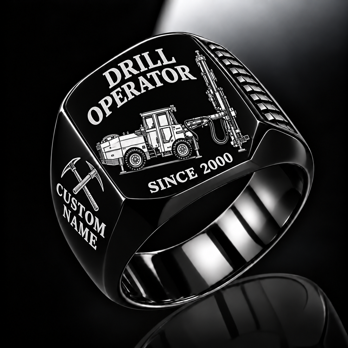 Simba S7 Longhole Drill Operator Ring in Black finish, flat machine engraving, CUSTOM NAME and SINCE 2000 sample text.
