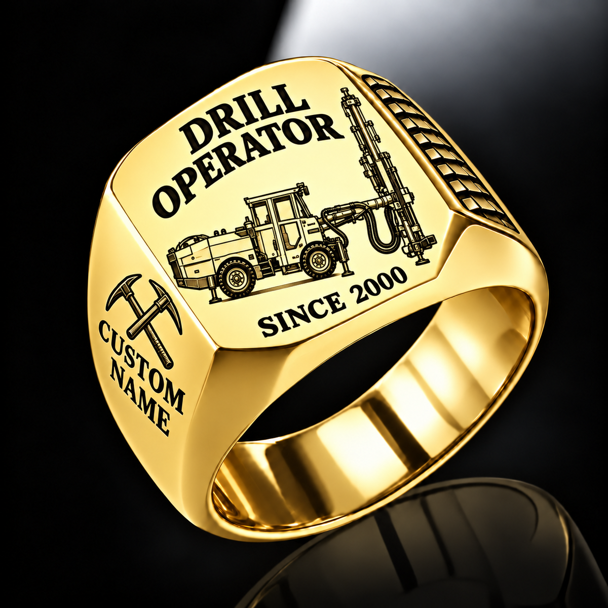Simba S7 Longhole Drill Operator Ring in Gold finish, flat machine engraving, CUSTOM NAME and SINCE 2000 sample text.