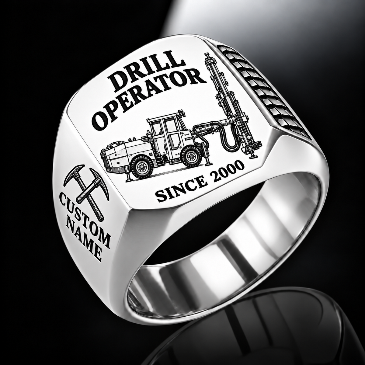 Simba S7 Longhole Drill Operator Ring in Silver finish, flat machine engraving, CUSTOM NAME and SINCE 2000 sample text.