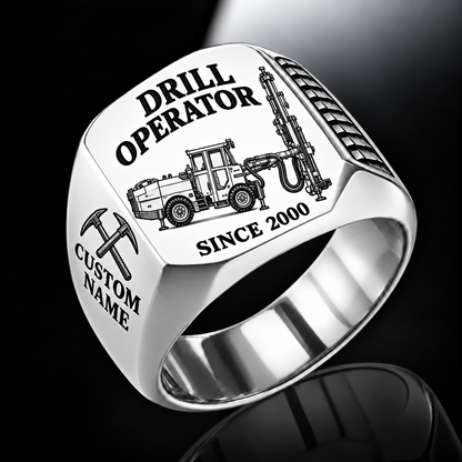 Simba S7 Longhole Drill Operator Ring in Silver finish, flat machine engraving, CUSTOM NAME and SINCE 2000 sample text.