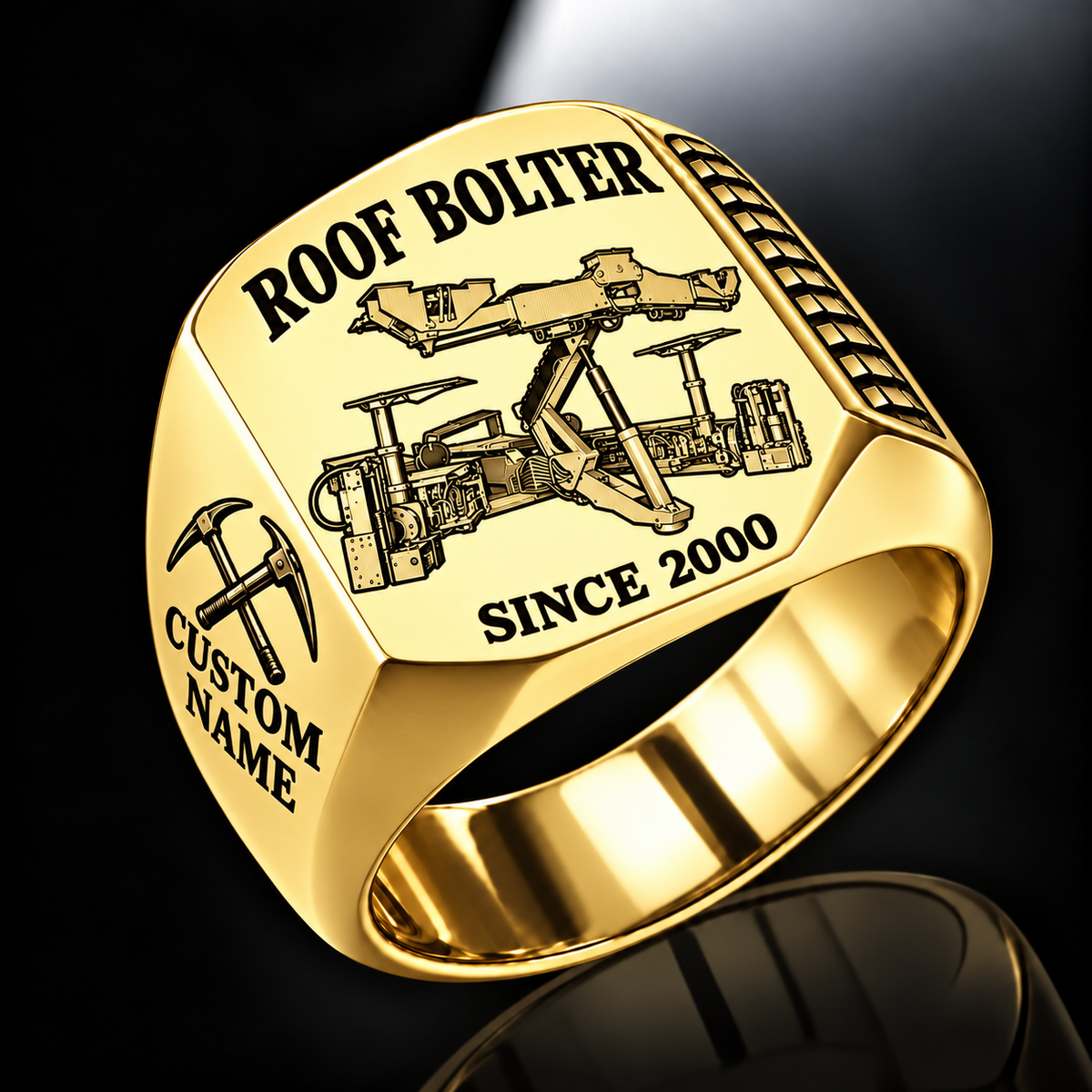 DDR Rock/Roof Bolter Operator Ring in Gold finish, flat machine engraving, CUSTOM NAME and SINCE 2000 sample text.