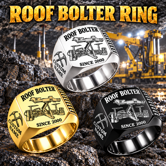 DDR Rock/Roof Bolter Operator Ring in Silver, Gold and Black finishes, flat machine engraving, CUSTOM NAME and SINCE 2000 sample text.