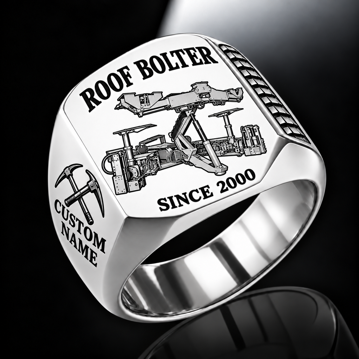 DDR Rock/Roof Bolter Operator Ring in Silver finish, flat machine engraving, CUSTOM NAME and SINCE 2000 sample text.