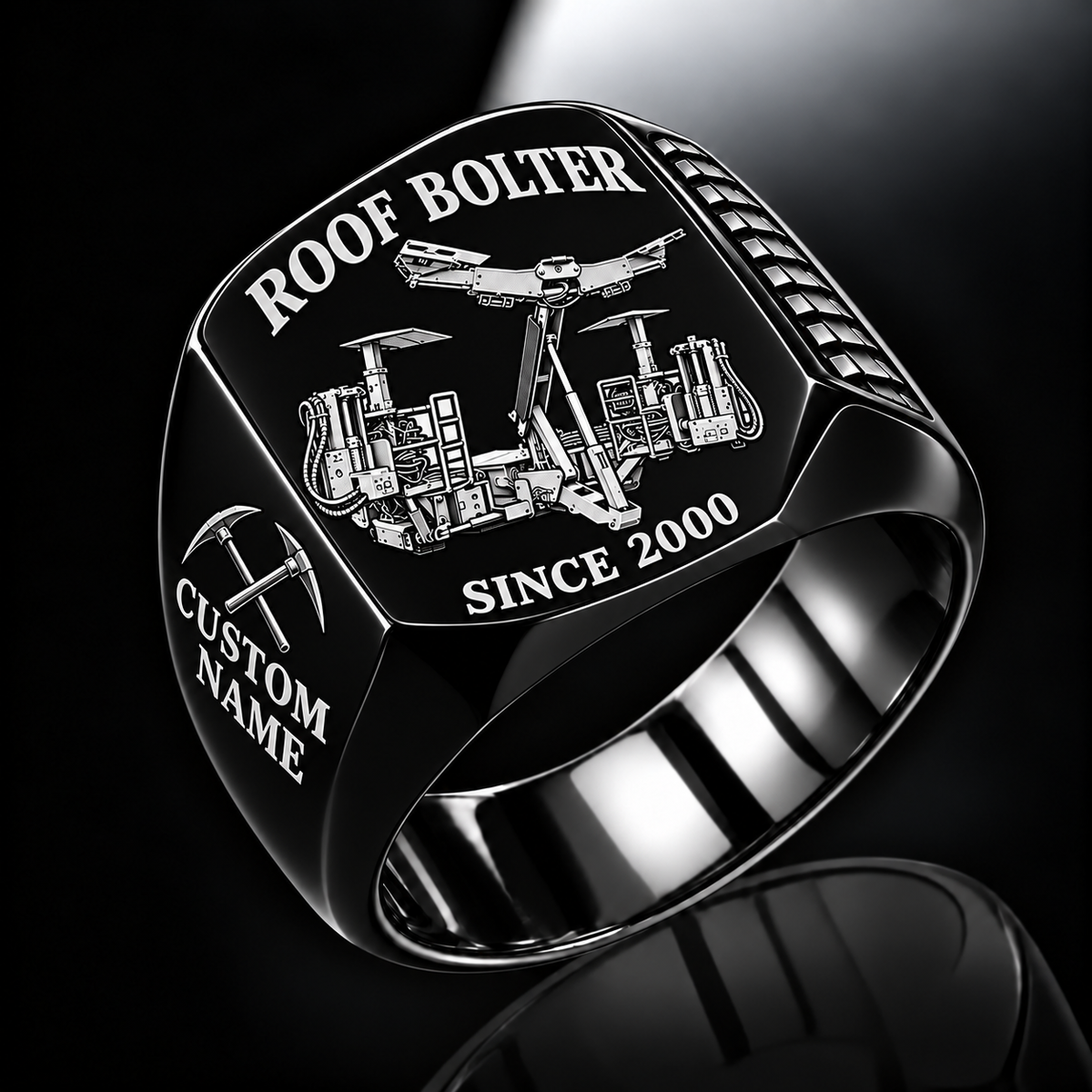 CHDDR Rock/Roof Bolter Operator Ring in Black finish, flat machine engraving, CUSTOM NAME and SINCE 2000 sample text.