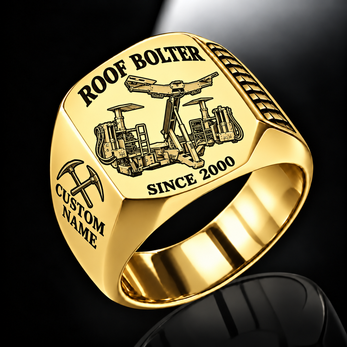 CHDDR Rock/Roof Bolter Operator Ring in Gold finish, flat machine engraving, CUSTOM NAME and SINCE 2000 sample text.