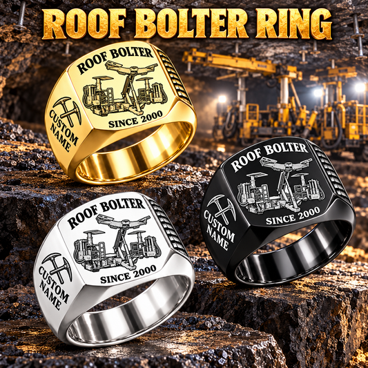 CHDDR Rock/Roof Bolter Operator Ring in Silver, Gold and Black finishes, flat machine engraving, CUSTOM NAME and SINCE 2000 sample text.