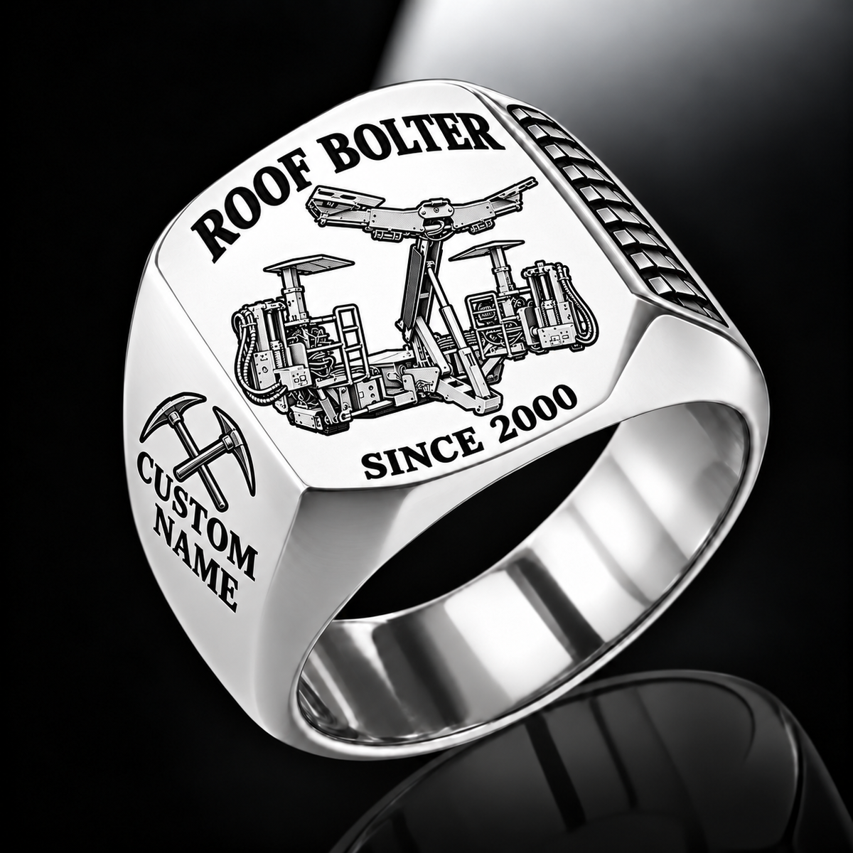 CHDDR Rock/Roof Bolter Operator Ring in Silver finish, flat machine engraving, CUSTOM NAME and SINCE 2000 sample text.