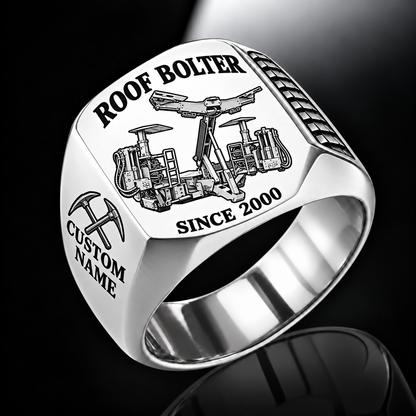 CHDDR Rock/Roof Bolter Operator Ring in Silver finish, flat machine engraving, CUSTOM NAME and SINCE 2000 sample text.