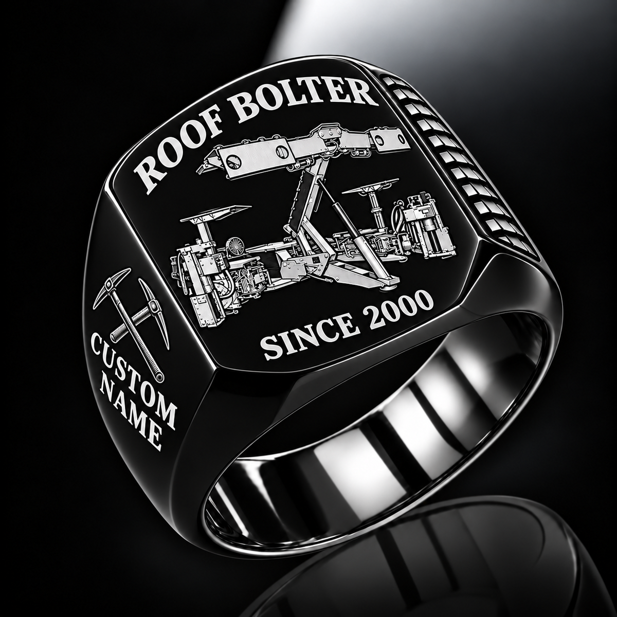 CDDR Rock/Roof Bolter Operator Ring in Black finish, flat machine engraving, CUSTOM NAME and SINCE 2000 sample text.