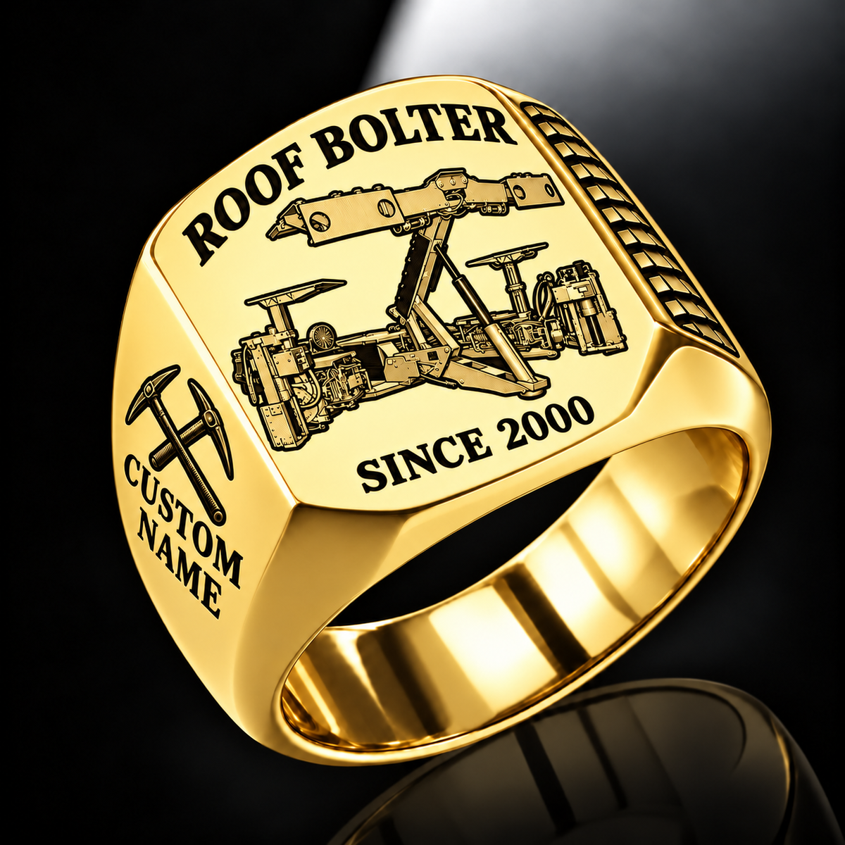 CDDR Rock/Roof Bolter Operator Ring in Gold finish, flat machine engraving, CUSTOM NAME and SINCE 2000 sample text.