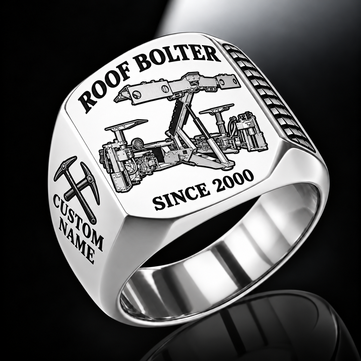 CDDR Rock/Roof Bolter Operator Ring in Silver finish, flat machine engraving, CUSTOM NAME and SINCE 2000 sample text.