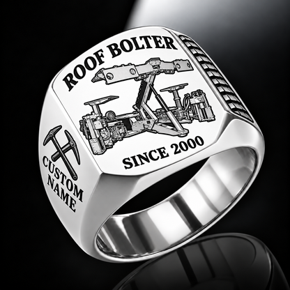 CDDR Rock/Roof Bolter Operator Ring in Silver finish, flat machine engraving, CUSTOM NAME and SINCE 2000 sample text.