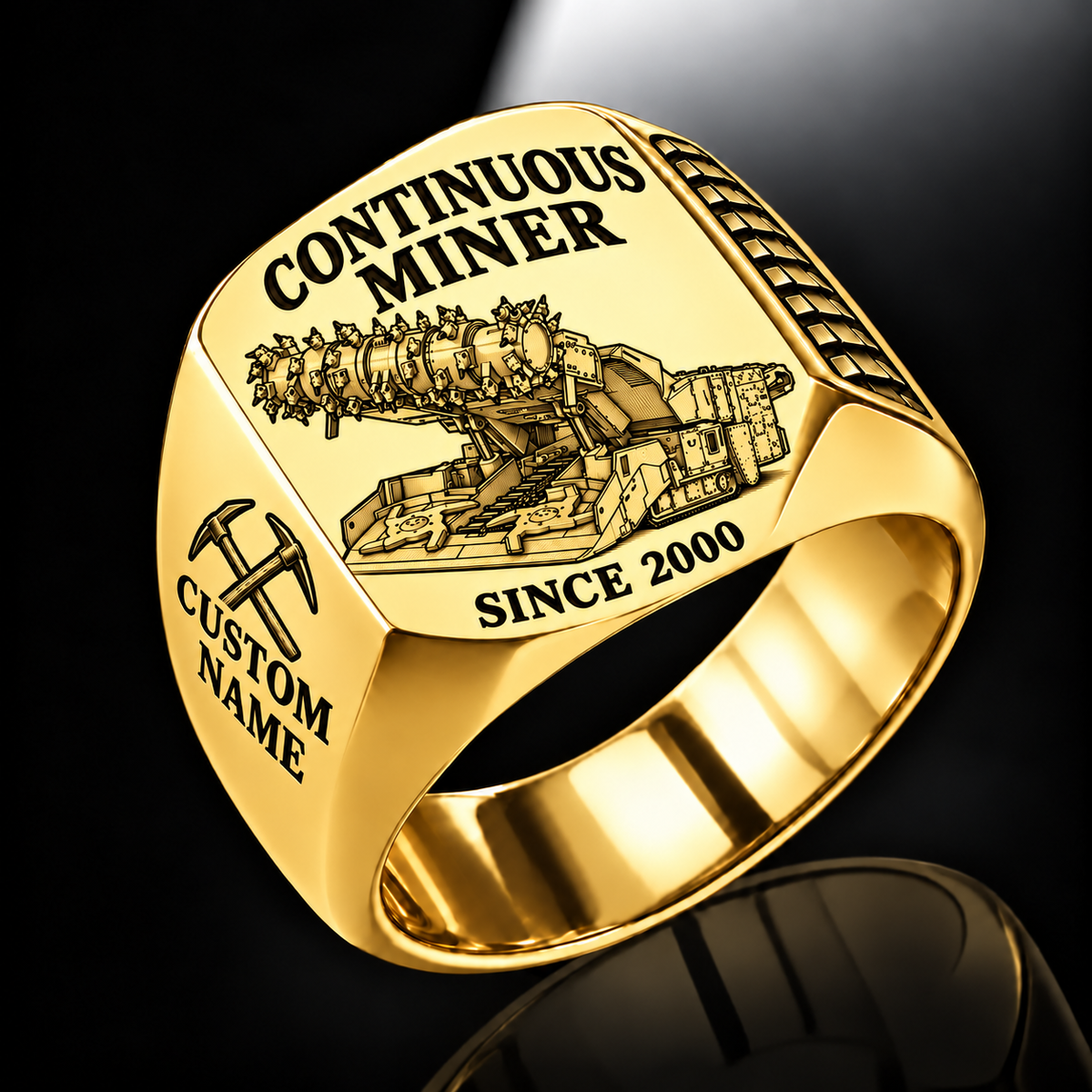 12CM12 Continuous Miner Operator Ring in Gold finish, flat machine engraving, CUSTOM NAME and SINCE 2000 sample text.