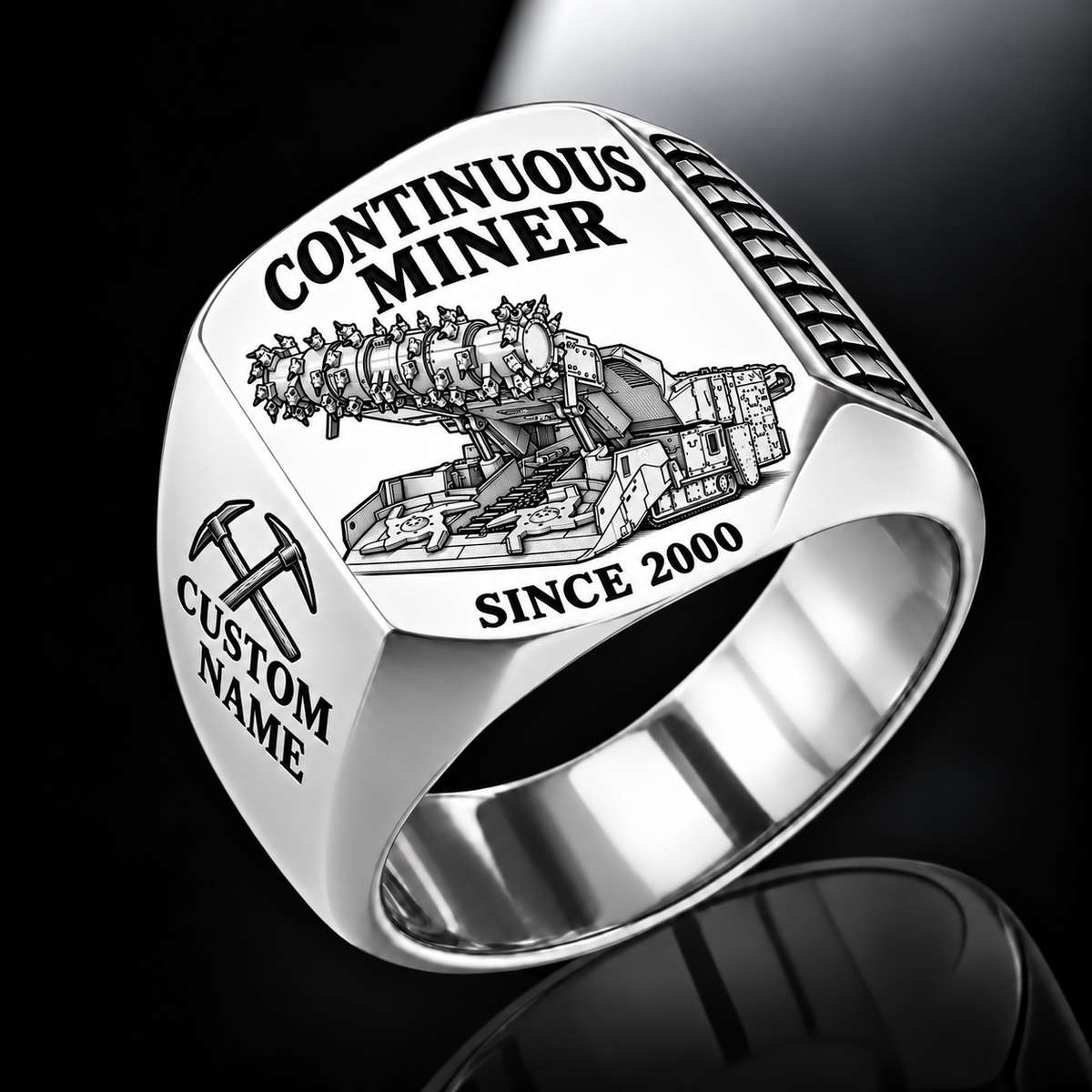 12CM12 Continuous Miner Operator Ring in Silver finish, flat machine engraving, CUSTOM NAME and SINCE 2000 sample text.