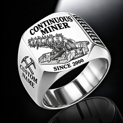 12CM12 Continuous Miner Operator Ring in Silver finish, flat machine engraving, CUSTOM NAME and SINCE 2000 sample text.