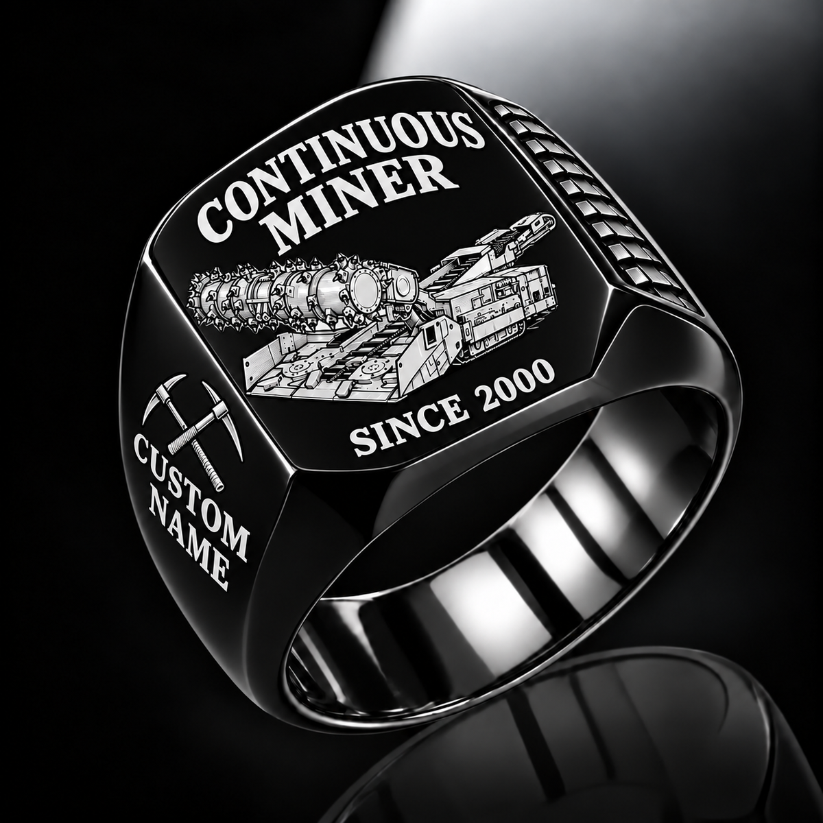 14CM15 Continuous Miner Operator Ring in Black finish, flat machine engraving, CUSTOM NAME and SINCE 2000 sample text.