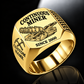 14CM15 Continuous Miner Operator Ring in Gold finish, flat machine engraving, CUSTOM NAME and SINCE 2000 sample text.