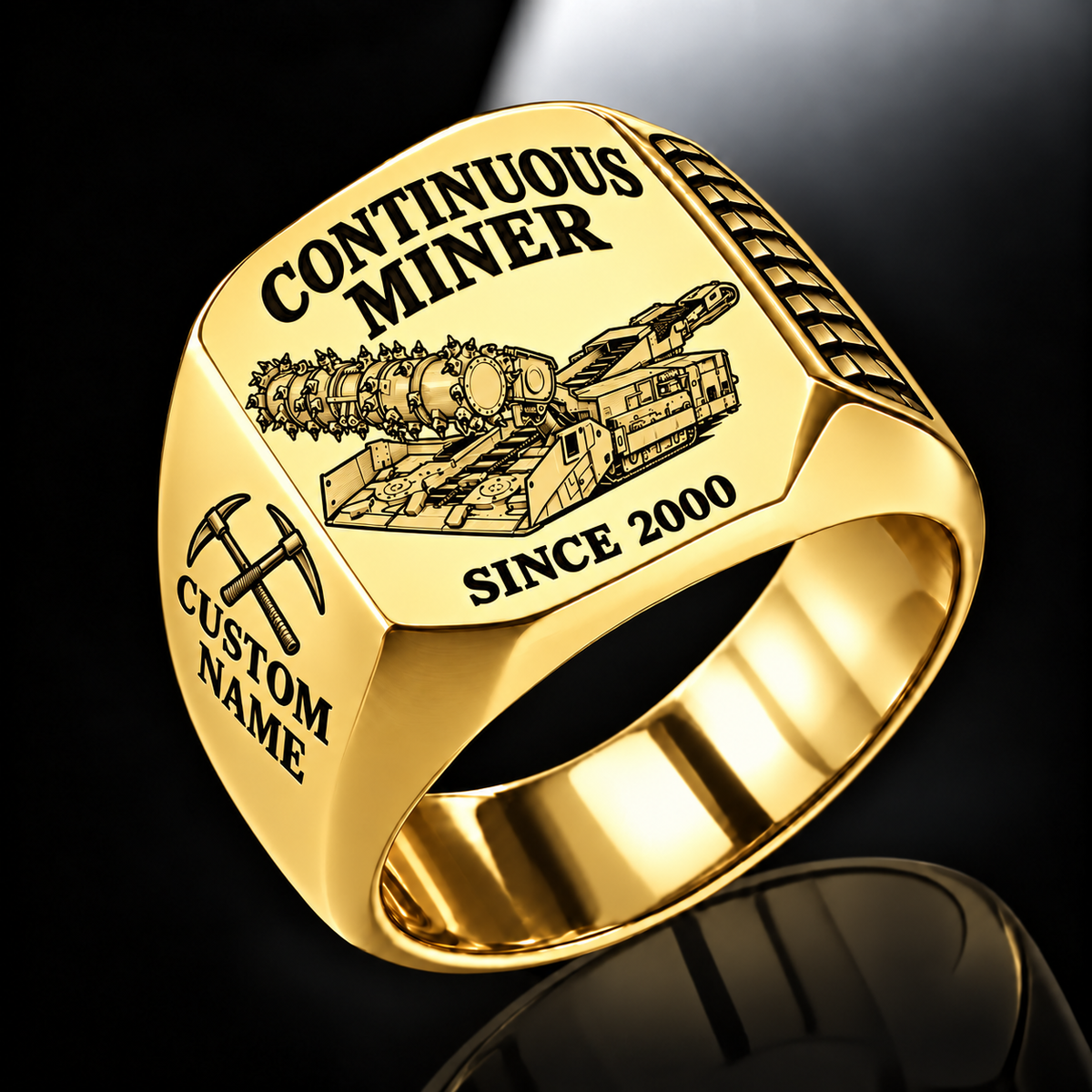 14CM15 Continuous Miner Operator Ring in Gold finish, flat machine engraving, CUSTOM NAME and SINCE 2000 sample text.