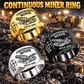14CM15 Continuous Miner Operator Ring in Silver, Gold and Black finishes, flat machine engraving, CUSTOM NAME and SINCE 2000 sample text.
