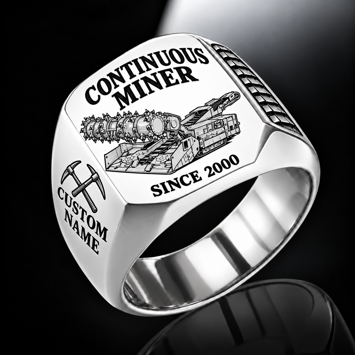 14CM15 Continuous Miner Operator Ring in Silver finish, flat machine engraving, CUSTOM NAME and SINCE 2000 sample text.