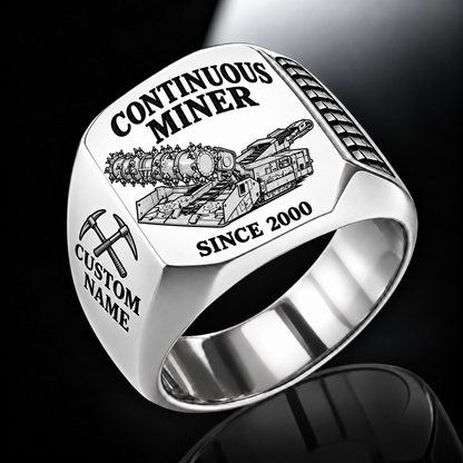 14CM15 Continuous Miner Operator Ring in Silver finish, flat machine engraving, CUSTOM NAME and SINCE 2000 sample text.