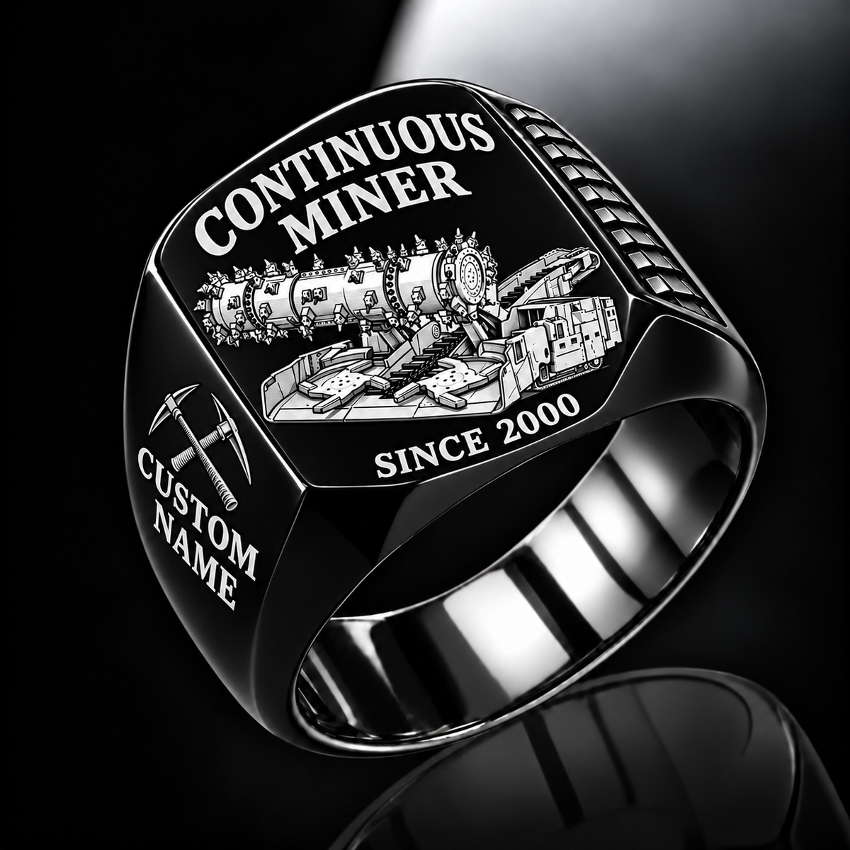 14CM27 Continuous Miner Operator Ring in Black finish, flat machine engraving, CUSTOM NAME and SINCE 2000 sample text.