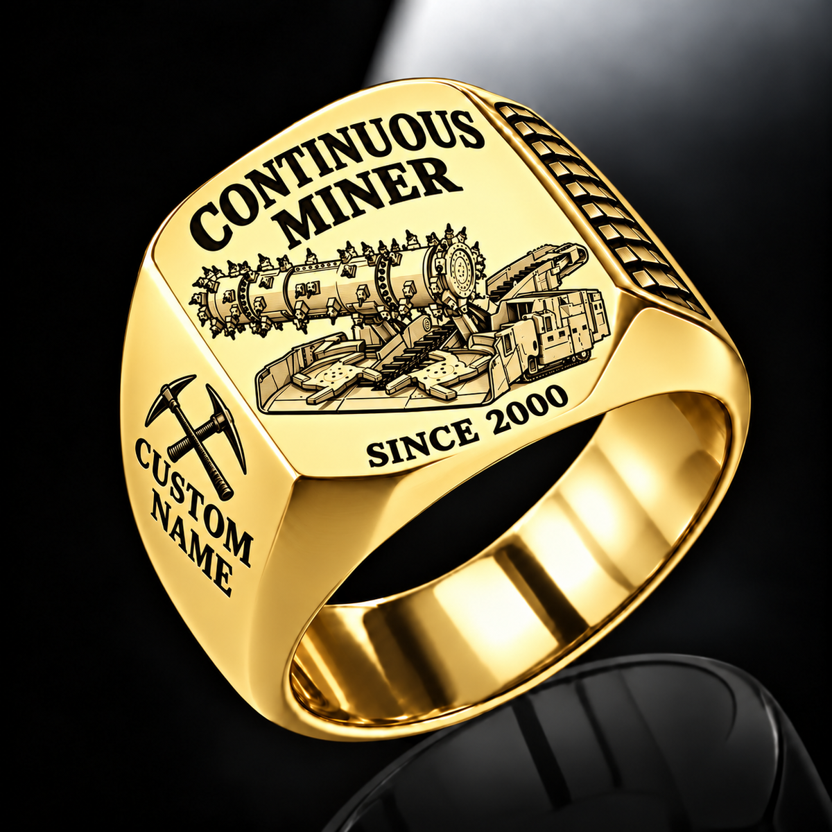 14CM27 Continuous Miner Operator Ring in Gold finish, flat machine engraving, CUSTOM NAME and SINCE 2000 sample text.