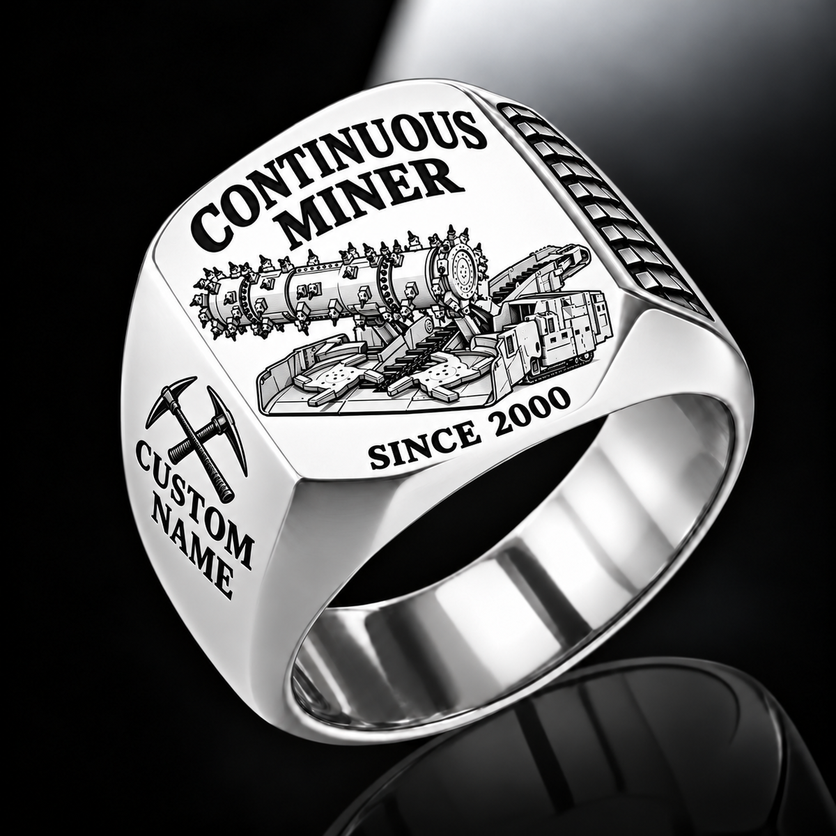 14CM27 Continuous Miner Operator Ring in Silver finish, flat machine engraving, CUSTOM NAME and SINCE 2000 sample text.