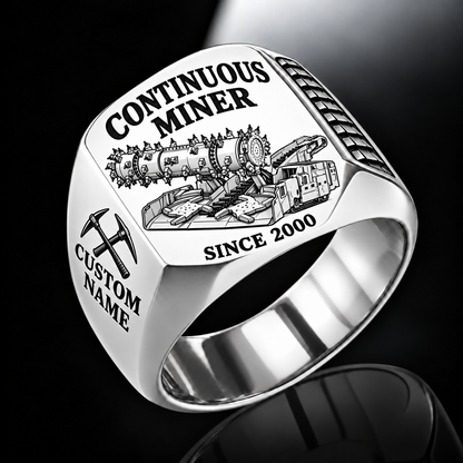 14CM27 Continuous Miner Operator Ring in Silver finish, flat machine engraving, CUSTOM NAME and SINCE 2000 sample text.