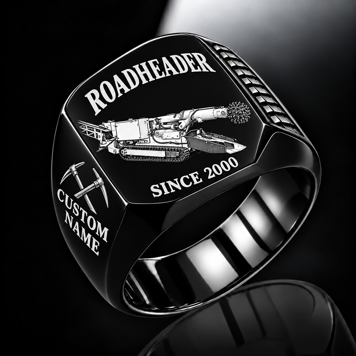 AQM 50 Roadheader Operator Ring in Black finish, flat machine engraving, CUSTOM NAME and SINCE 2000 sample text.