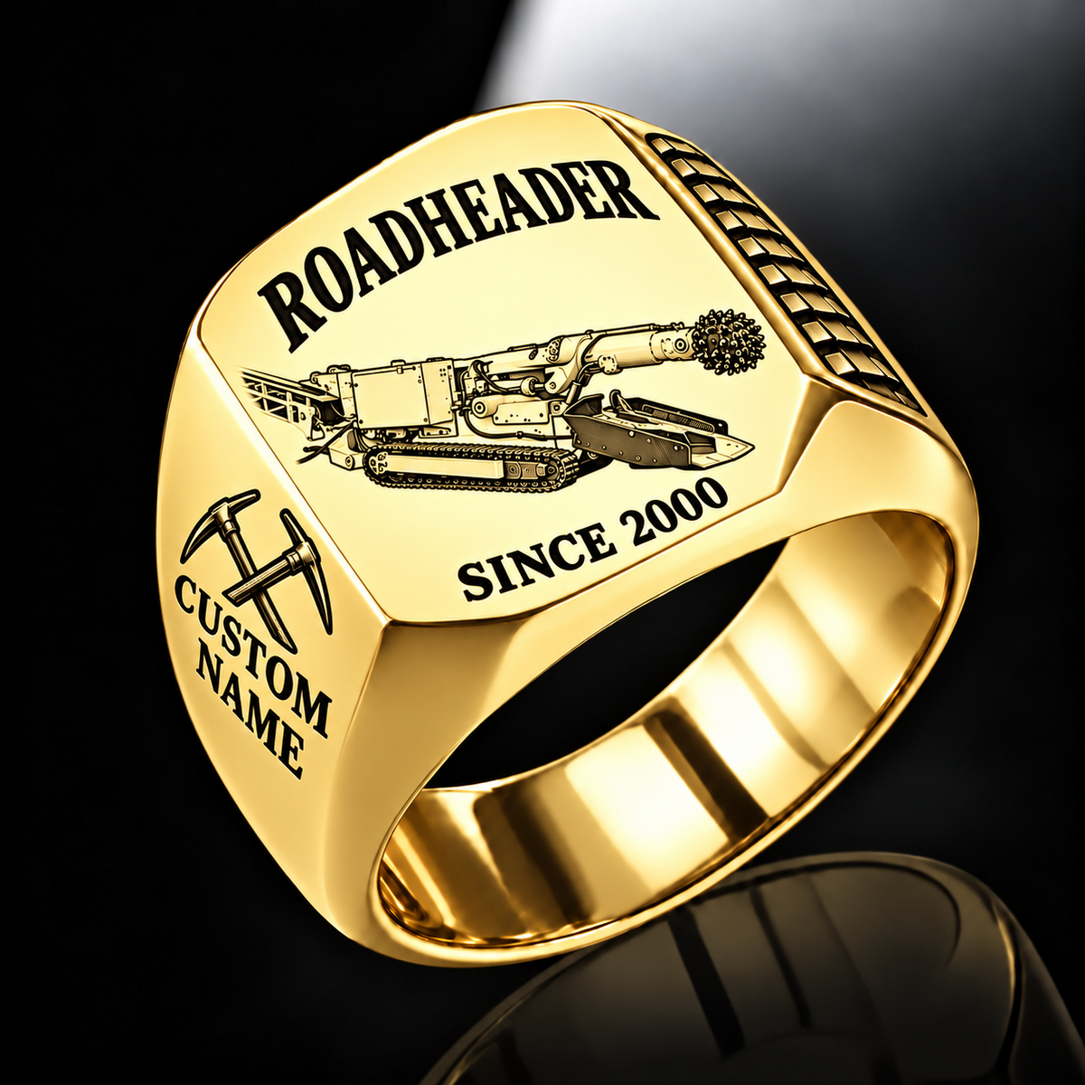 AQM 50 Roadheader Operator Ring in Gold finish, flat machine engraving, CUSTOM NAME and SINCE 2000 sample text.