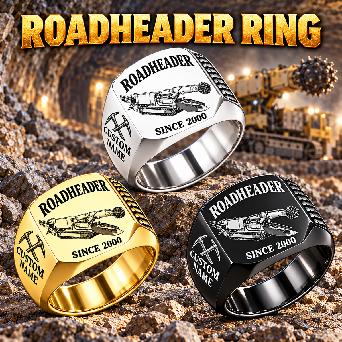 AQM 50 Roadheader Operator Ring in Silver, Gold and Black finishes, flat machine engraving, CUSTOM NAME and SINCE 2000 sample text.