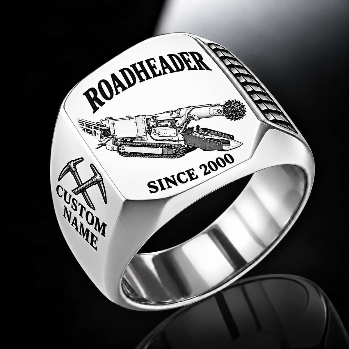 AQM 50 Roadheader Operator Ring in Silver finish, flat machine engraving, CUSTOM NAME and SINCE 2000 sample text.