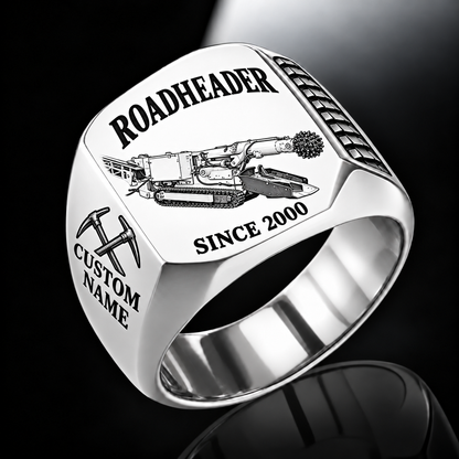 AQM 50 Roadheader Operator Ring in Silver finish, flat machine engraving, CUSTOM NAME and SINCE 2000 sample text.