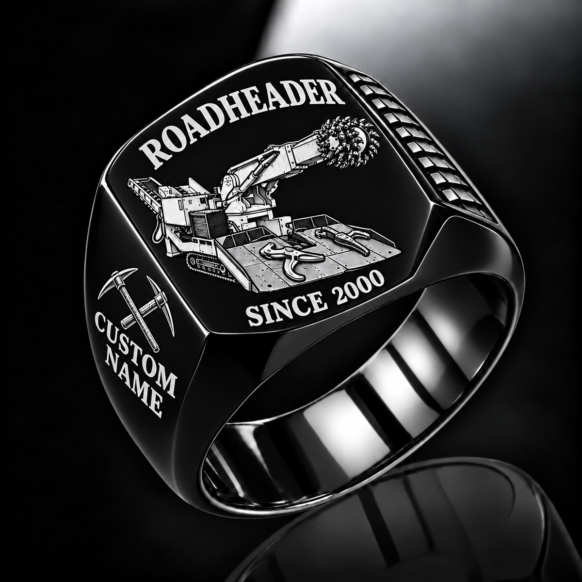 AQM 150 Roadheader Operator Ring in Black finish, flat machine engraving, CUSTOM NAME and SINCE 2000 sample text.