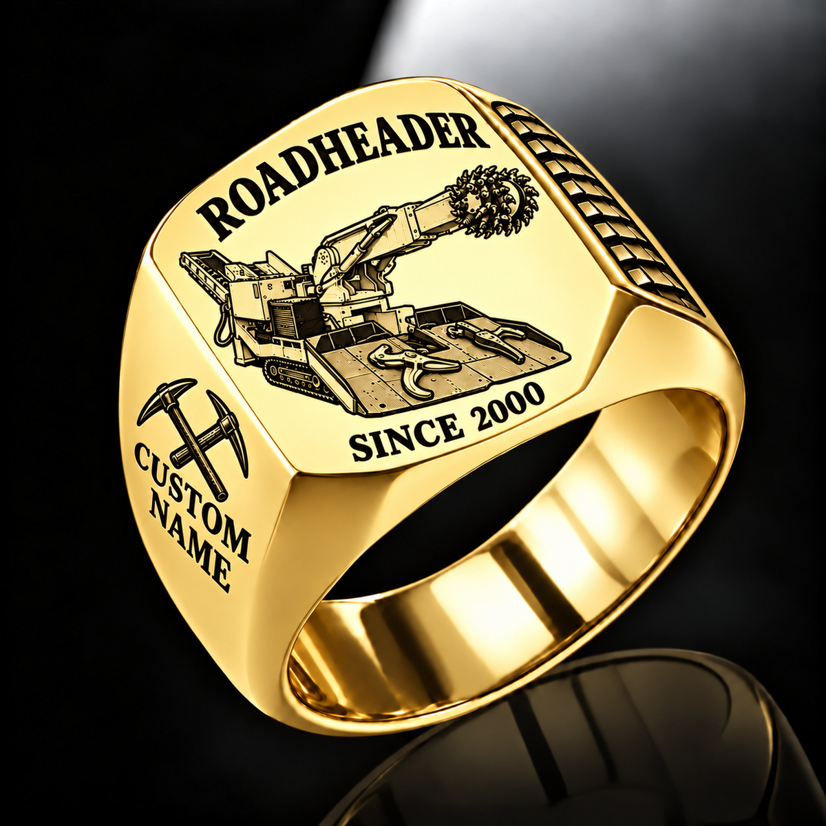 AQM 150 Roadheader Operator Ring in Gold finish, flat machine engraving, CUSTOM NAME and SINCE 2000 sample text.