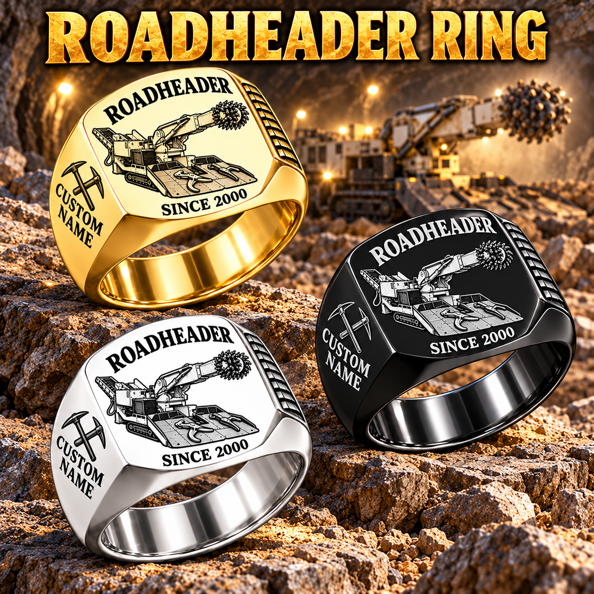AQM 150 Roadheader Operator Ring in Silver, Gold and Black finishes, flat machine engraving, CUSTOM NAME and SINCE 2000 sample text.