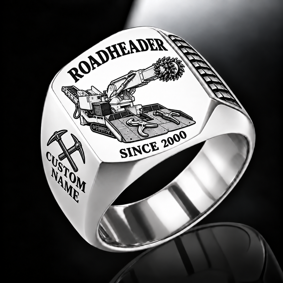 AQM 150 Roadheader Operator Ring in Silver finish, flat machine engraving, CUSTOM NAME and SINCE 2000 sample text.