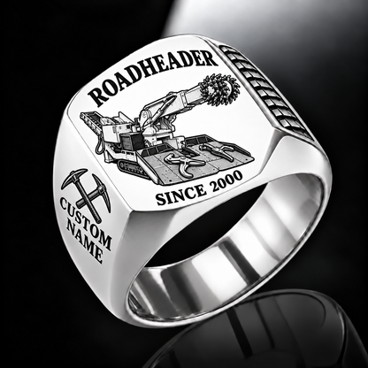 AQM 150 Roadheader Operator Ring in Silver finish, flat machine engraving, CUSTOM NAME and SINCE 2000 sample text.