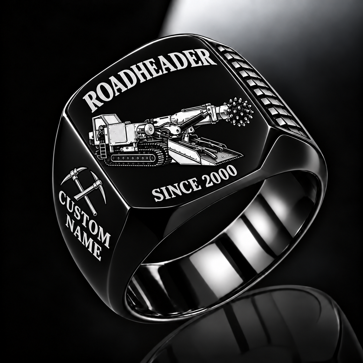 AQM 200 Roadheader Operator Ring in Black finish, flat machine engraving, CUSTOM NAME and SINCE 2000 sample text.