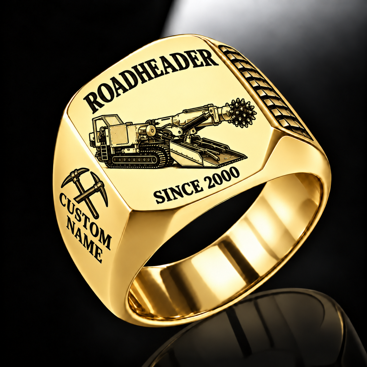 AQM 200 Roadheader Operator Ring in Gold finish, flat machine engraving, CUSTOM NAME and SINCE 2000 sample text.