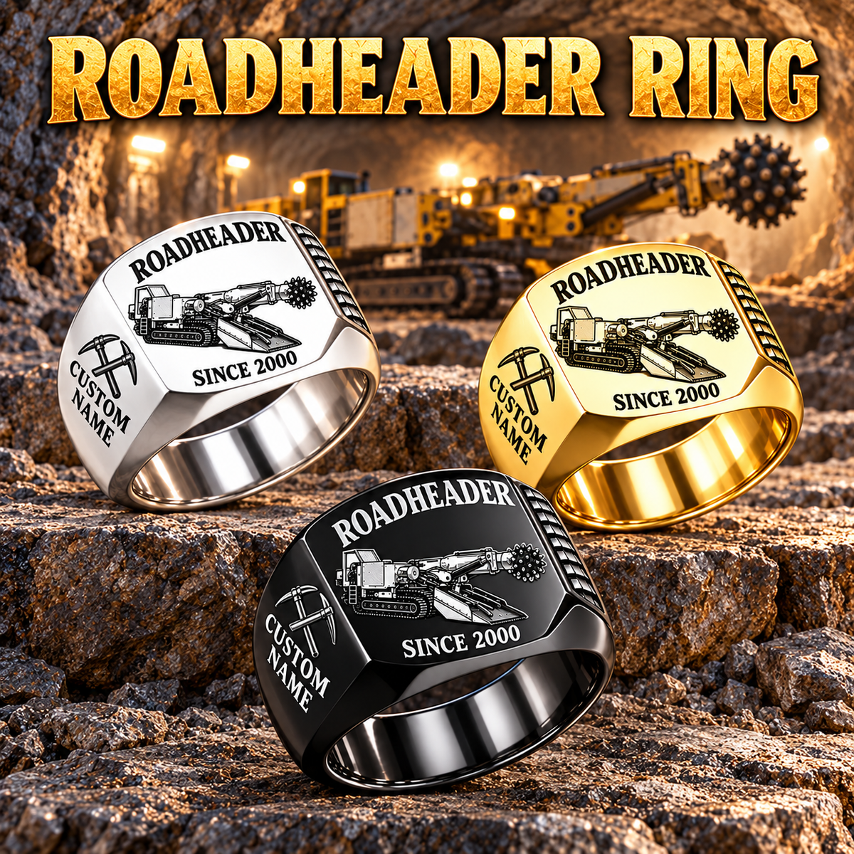 AQM 200 Roadheader Operator Ring in Silver, Gold and Black finishes, flat machine engraving, CUSTOM NAME and SINCE 2000 sample text.