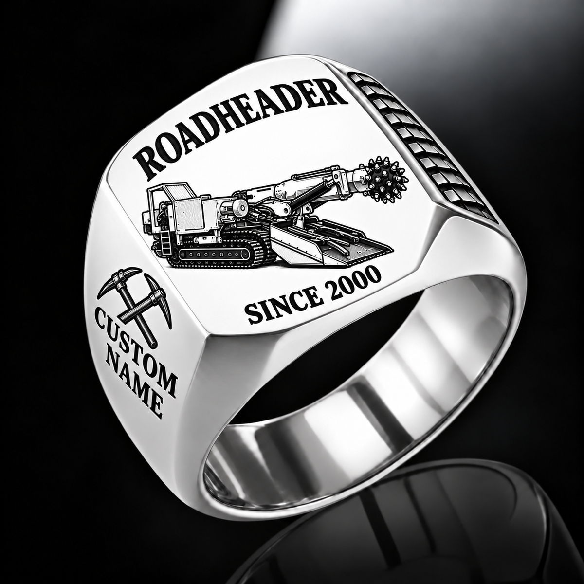 AQM 200 Roadheader Operator Ring in Silver finish, flat machine engraving, CUSTOM NAME and SINCE 2000 sample text.