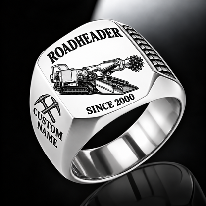 AQM 200 Roadheader Operator Ring in Silver finish, flat machine engraving, CUSTOM NAME and SINCE 2000 sample text.