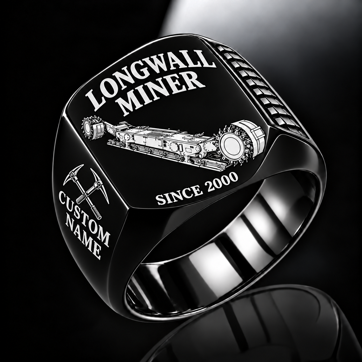 7LS1D Longwall Shearer Operator Ring in Black finish, flat machine engraving, CUSTOM NAME and SINCE 2000 sample text.