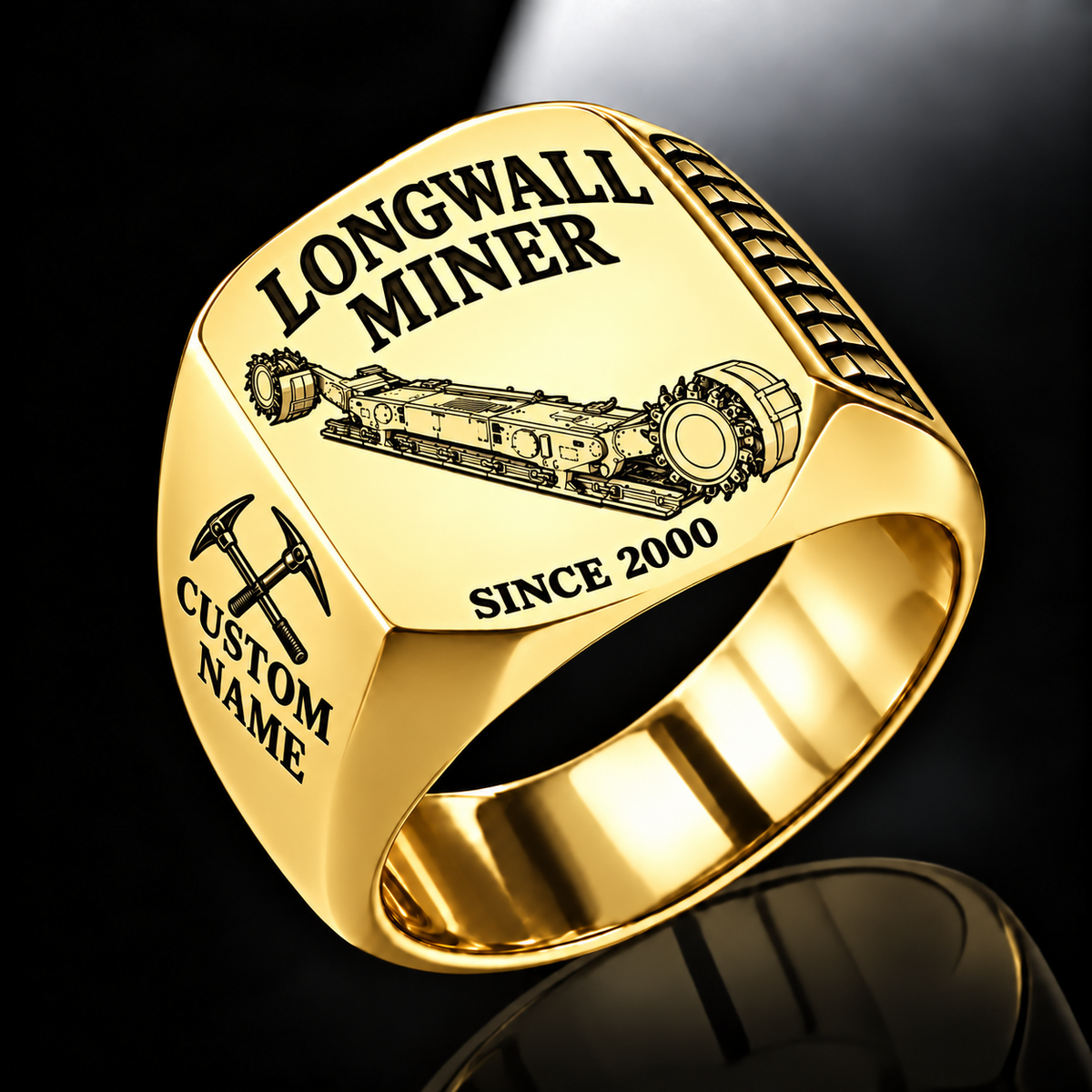 7LS1D Longwall Shearer Operator Ring in Gold finish, flat machine engraving, CUSTOM NAME and SINCE 2000 sample text.
