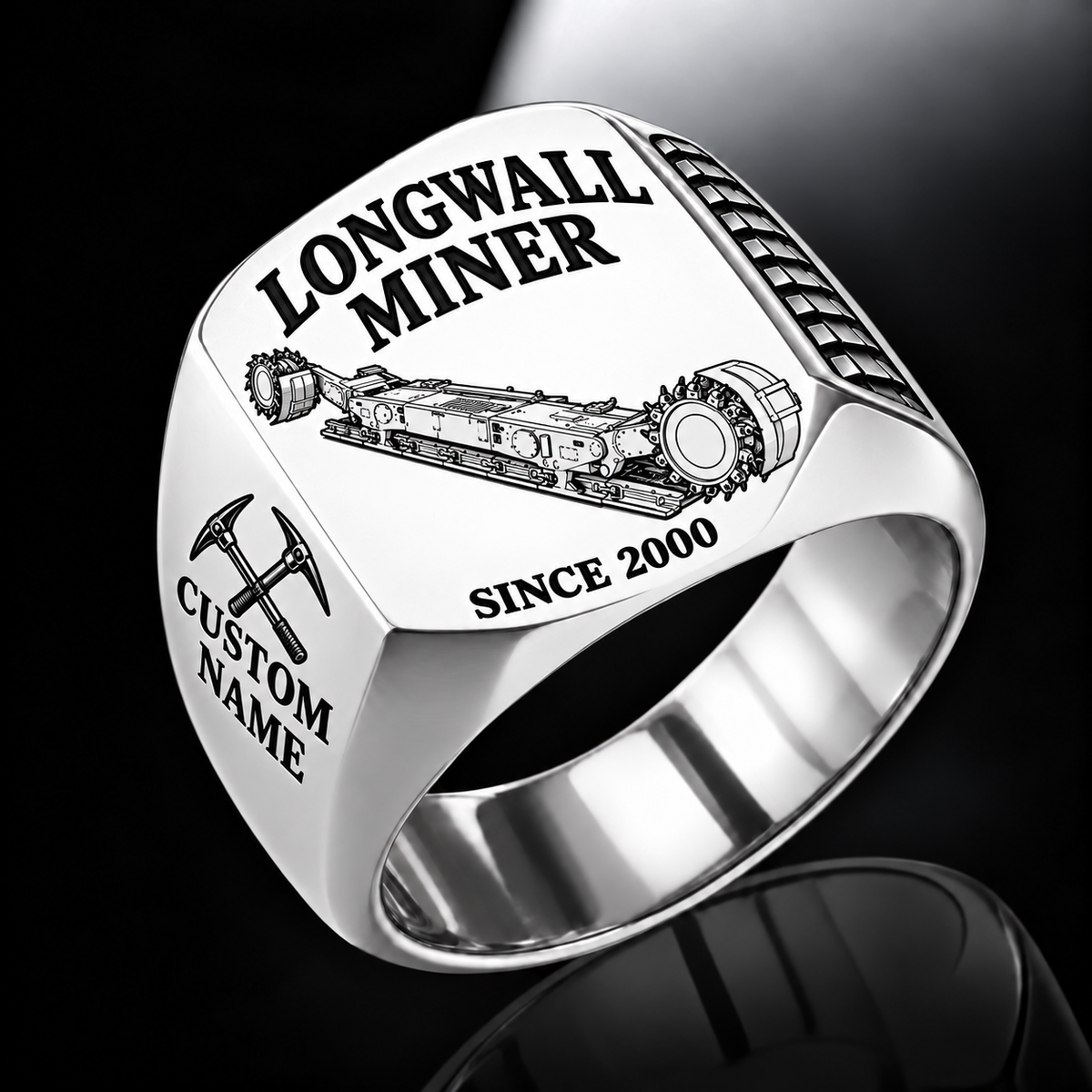 7LS1D Longwall Shearer Operator Ring in Silver finish, flat machine engraving, CUSTOM NAME and SINCE 2000 sample text.