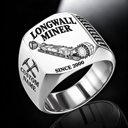 7LS1D Longwall Shearer Operator Ring in Silver finish, flat machine engraving, CUSTOM NAME and SINCE 2000 sample text.